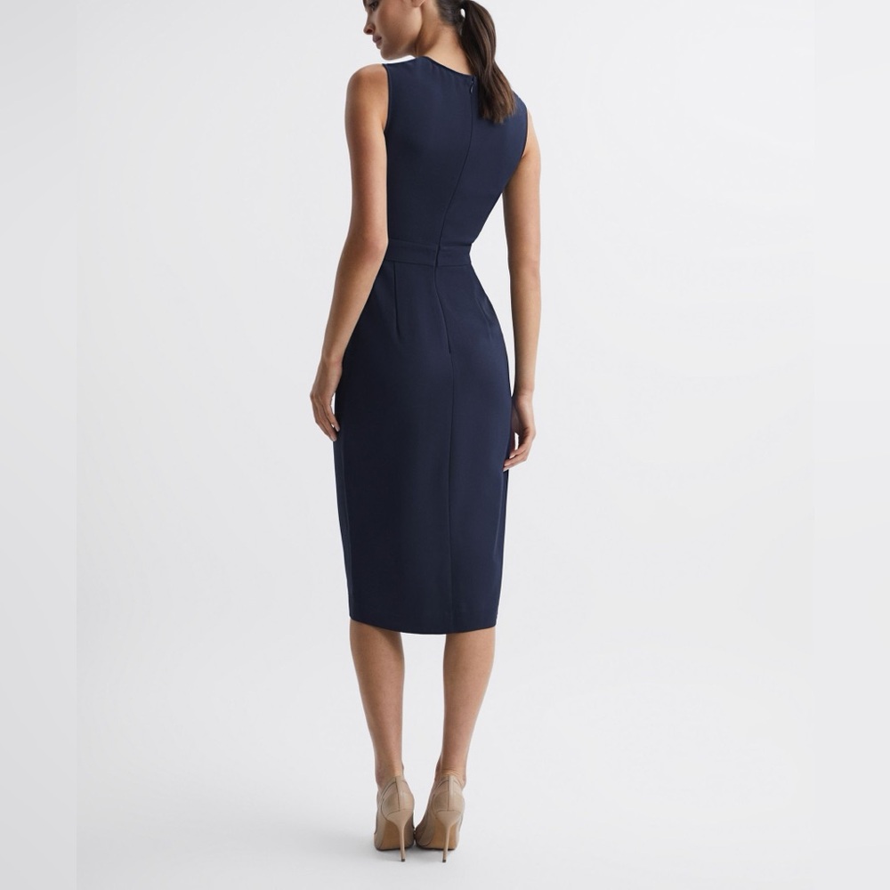 NEW NWOT REISS LAYLA SLEEVELESS GATHERED WAIST SHEATH BODYCON MIDI DRESS Navy 4 - Picture 2 of 12